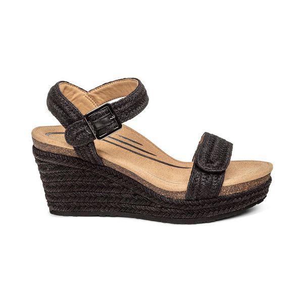 Aetrex Women's Sydney Quarter Strap Espadrille Wedge Sandals - Black | USA 4V13SDW